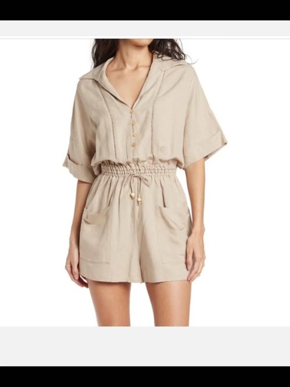 Zara Beige Linen Blend Safari Boho Short Sleeve Drawstring Romper Sz. M